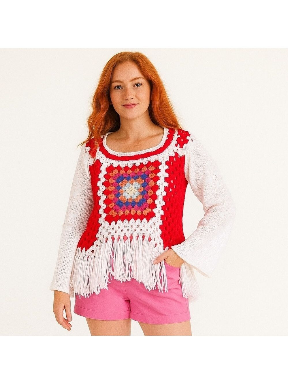 Hand Crafted Fringe White & Red Crochet Granny Square Multicolored Top Handmade